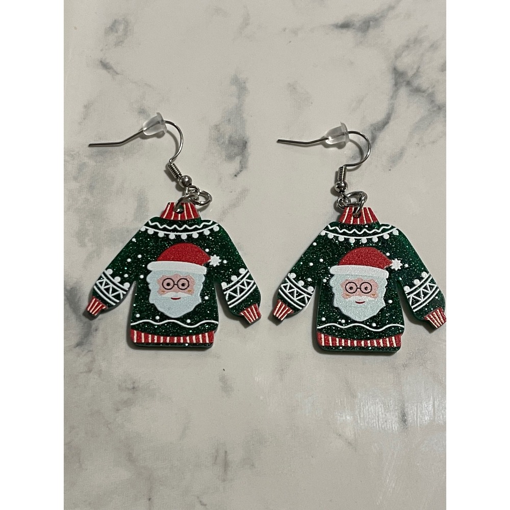 Green Santa Holidays Christmas Ugly Sweater Dangle Earrings New